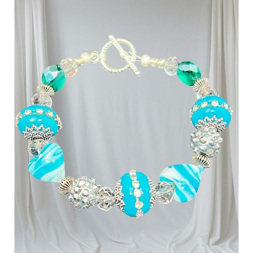 Beaded Bracelet 7.5"  Blues And Bling  Toggle Handmade Gift